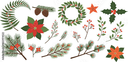 Set of festive Christmas botanical elements including poinsettias, pine branches, holly, and berries for holiday design