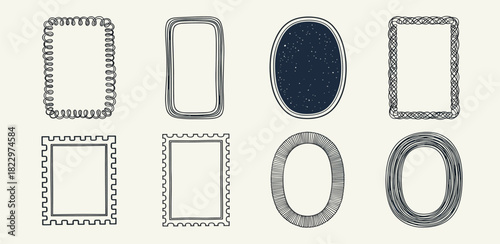 Set of unique hand-drawn doodle frames and borders, featuring various shapes and decorative vintage styles, perfect for enhancing creative design projects and adding a whimsical touch