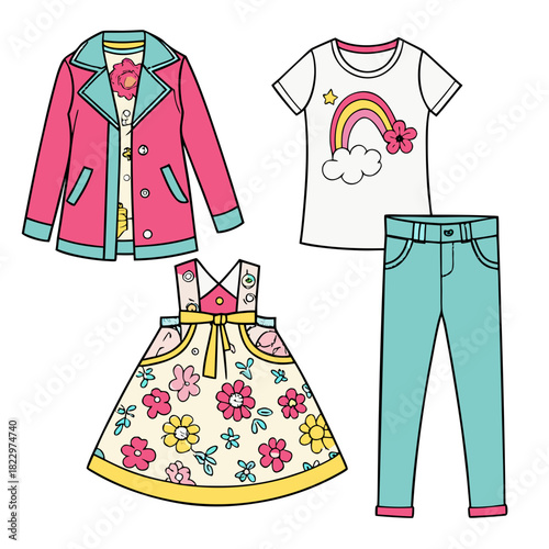 Children's fashion collection featuring vibrant pink jacket with floral shirt, playful rainbow t-shirt, light blue jeans, and charming floral dress, perfect for kids' style