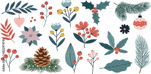 Beautiful collection of festive floral and botanical illustrations perfect for holiday and winter designs