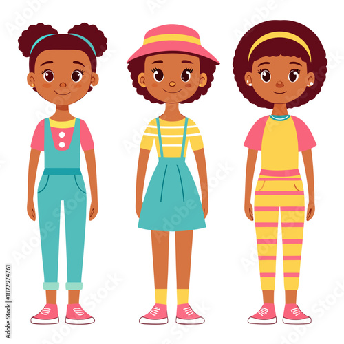 Cute Kids Fashion Characters with Colorful Girl Outfits – Flat Vector Illustration