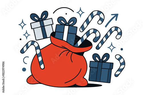 Santa's Gift Overflow. Festive haul. Santa?s bright red bag spilling gifts, candy canes, and sparkling stars,
