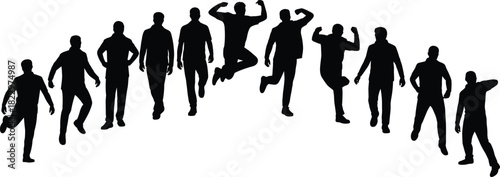 Movement silhouettes, dynamic arc, walking pose, jumping figure, flexing gesture, black outline, motion progression, body language, energy stance, transformation sequence