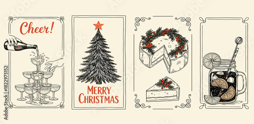 Elegant vintage hand-drawn illustrations celebrating holiday cheer a festive Christmas tree, sparkling champagne tower, celebratory cake, and refreshing cocktail