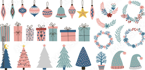 A collection of hand-drawn vintage illustrations featuring traditional Christmas dinner food, festive drinks, and holiday decorations with red bows