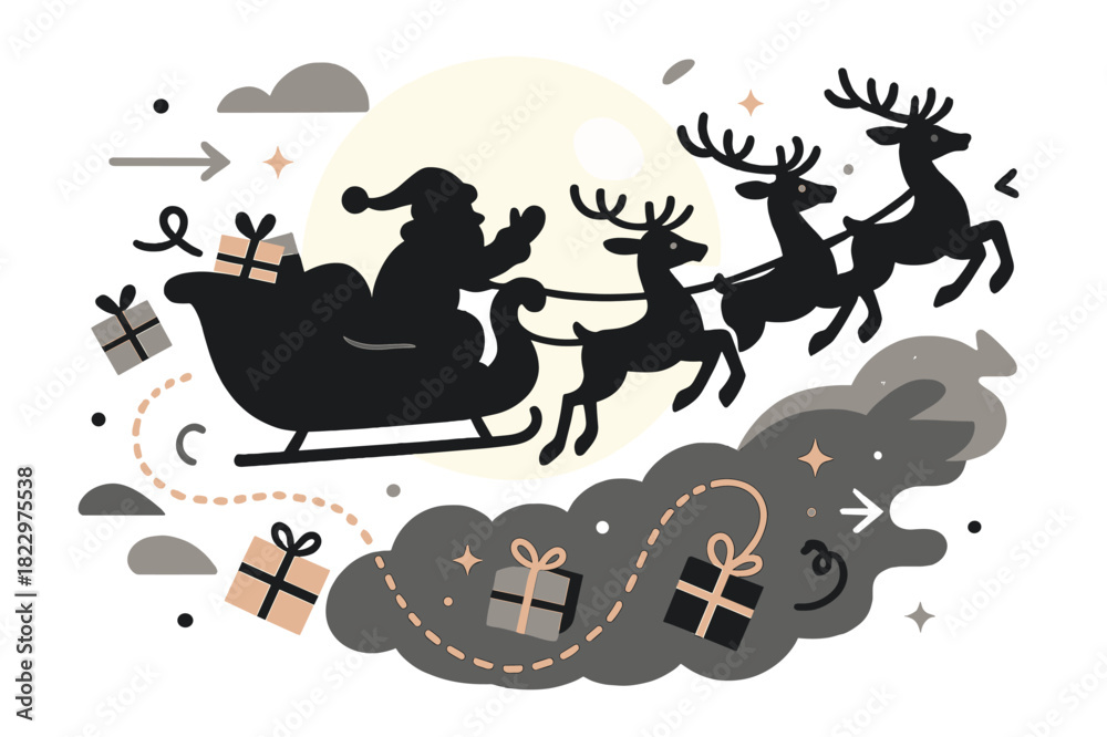 Naklejka premium Santa's Moonlit Flight. Santa silhouette. Sleigh flying across the night sky with full moon in background,