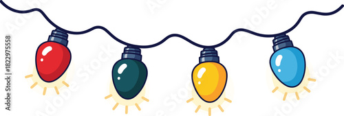 A string of four colorful Christmas lights, including red, green, yellow, and blue, illuminates a festive holiday decoration