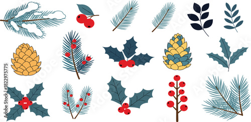 A charming collection of vibrant winter holiday plant elements featuring pine branches, holly leaves, and colorful berries, perfect for festive seasonal designs and decorations