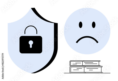 Data security concept. Symbol of protection with a shield and lock, expressing safe information systems. Includes elements of a sad face and books emotional stress and knowledge. Suitable