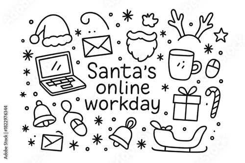 Santa's Virtual Office. Santa?s online workday. Hand-drawn doodle illustration of Santa?s online workday.