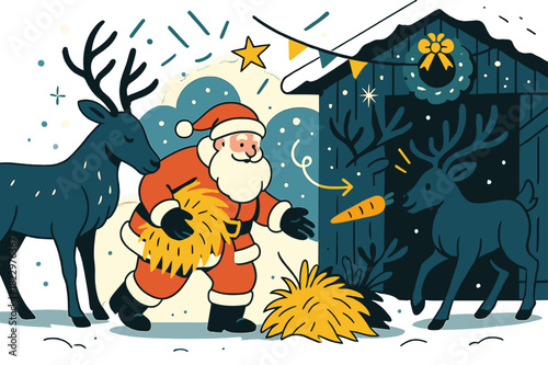 Santa's Winter Chores. Winter chores. Santa tending to reindeer, offering hay and carrots, snowy stable
