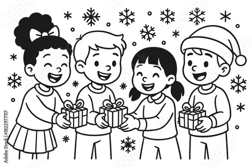 Secret Santa Coloring Fun. Joyful holiday exchange children?s coloring book illustration, outlined drawing,