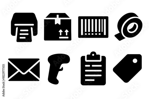 Shipping Station Icons. Shipping Station. Filled icon set of Shipping Station: label printer, shipping box,
