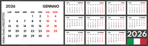 2026 year monthly office planner, calendar starts monday, two red weekends, white background, italian months name, 12 month planner grid
