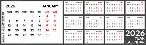 2026 year monthly office planner, calendar starts monday, two red weekends, white background, 12 month planner grid