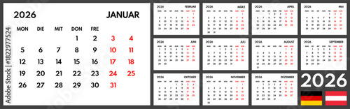 2026 year monthly office planner, calendar starts monday, two red weekends, white background, german months name, 12 month planner grid
