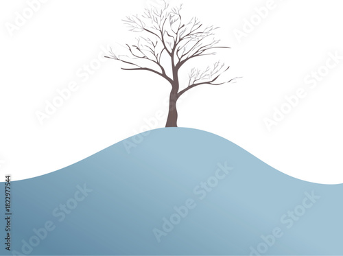 A minimalist illustration of a solitary bare tree gracefully standing on a tranquil, snow-covered hill, evoking the quiet beauty and stark simplicity of the dormant winter season