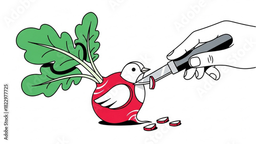 Radish Bird Carving – Black Outline Colorful Art of Tiny Stylized Vegetable Sculpture