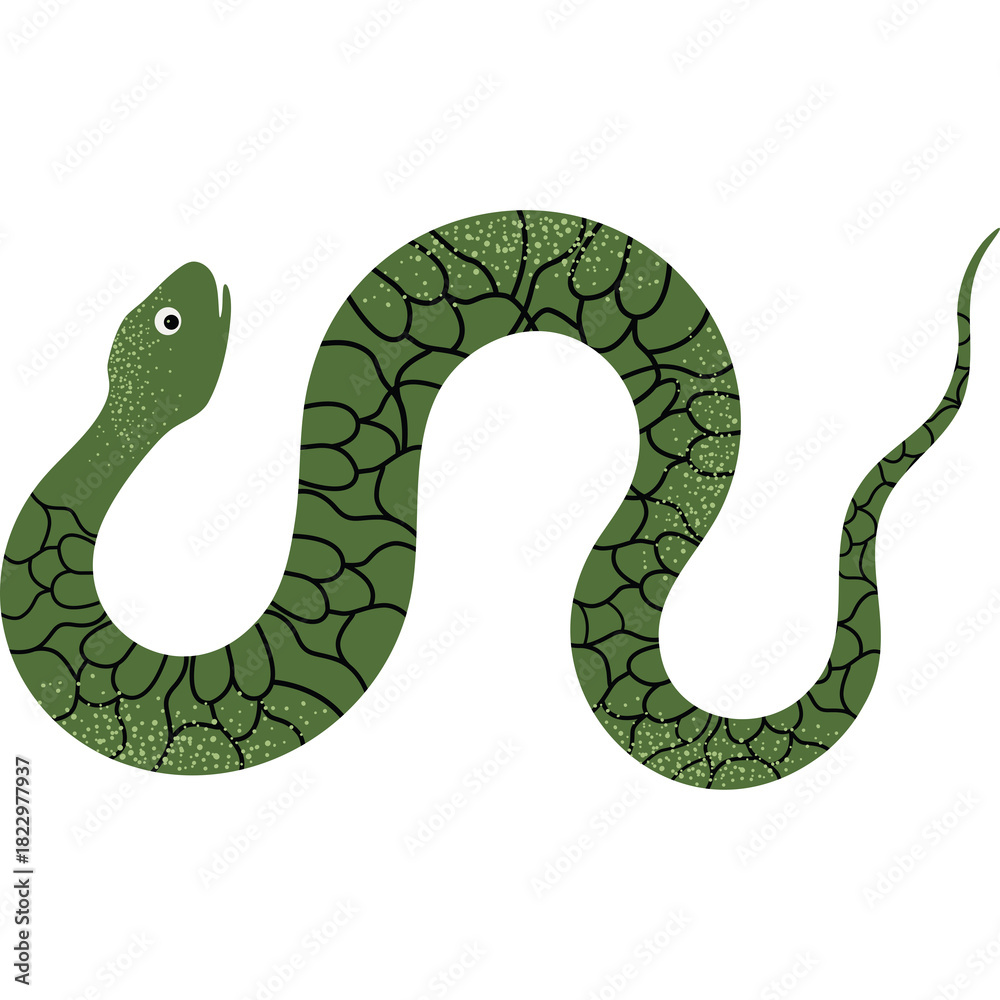 Naklejka premium Green Serpent Illustration with Scaly Pattern and Textured Skin on Transparent Background Simple Graphic Design