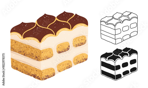 Tiramisu dessert slice with cocoa and cream, hand drawn texture symbol cartoon set. Sweet holiday Italian dessert linear doodle icon. Abstract tiramisu cake simple stylized sign Vector illustration