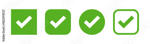 Green check mark icon set : Set of 4 green check mark icons in various shapes: square, rounded, circle, and outlined rounded square. perfect for UI, tasks, and confirmations
