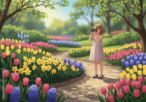 Girl Taking Photos In Flower Garden Vector Landscape – Spring Tulip Path Scenic Background