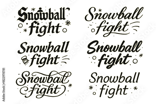 Snow Calligraphy Styles. Snowball fight. Create a calligraphy lettering illustration of the phrase: Snowball