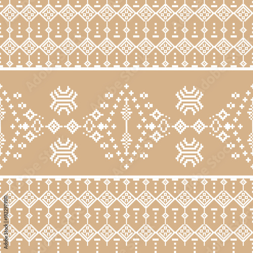 White and brown cross-stitch seamless pattern with ethnic ornaments. Vector illustration. Pixel abstract pattern. Design for wallpapers, elaborate borders, fabrics, crafts, and textiles.