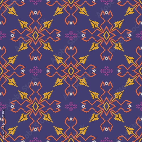 Yellow and purple ethnic boho ornament. Seamless pattern. Tribal motif. Vector illustration for web design or print. Cross-stitch design vector. Pixel seamless pattern.