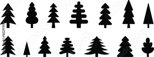 Set of 14 stylized tree silhouette icons, coniferous and deciduous shapes, nature design elements, botanical illustration