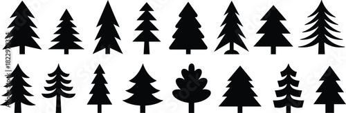 Set of 16 stylized tree silhouette icons, coniferous and deciduous shapes, nature design elements, botanical illustration reference