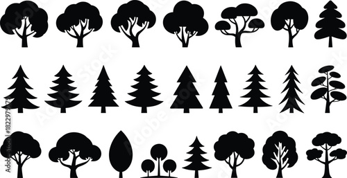 Set of 24 tree silhouette icons, diverse foliage styles, coniferous and deciduous shapes, nature design, forest, environment illustration
