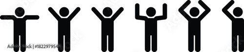 Set of six stick figure silhouettes with varied arm positions, semaphore gestures, body language, communication signal illustration