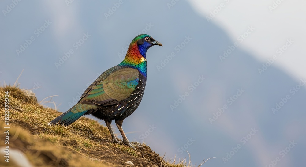Obraz premium Colorful Himalayan Monal Bird Perched on a Rocky Slope in the Mountains.