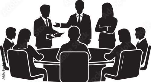 Business meeting with people gathered around a round table in silhouette