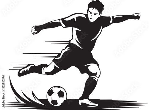 Dynamic silhouette of a soccer player kicking a ball in action