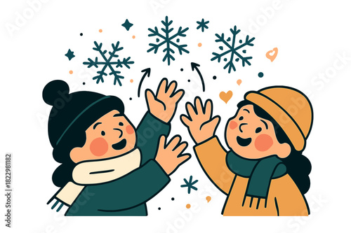 Snowflake Joy. Snowflake magic. Close-up of little hands reaching up, catching sparkling snowflakes, rosy