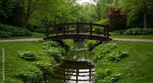 Rustic Wooden Bridge over a Small Stream in a Green Park, Charming Footbridge in a Lush Forest, Tranquil Scene with a Stream and Greenery, Scenic Nature Trail and Bridge, Peaceful Crossing in the Wood