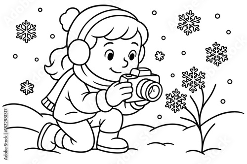 Snowflake Photography Fun. Capturing winter moments children?s coloring book illustration, outlined drawing,