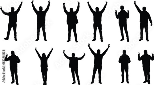 Group of people silhouettes raising hands in peace gesture, unity and diversity concept, minimalist human figure illustration, vector design