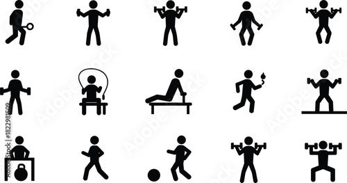 Gym fitness activity icons, workout training silhouette, exercise and sport illustration, bodybuilding and health concept, athlete running and lifting symbols