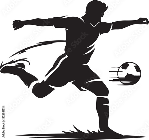 Silhouette of a soccer player kicking a ball with dynamic motion lines