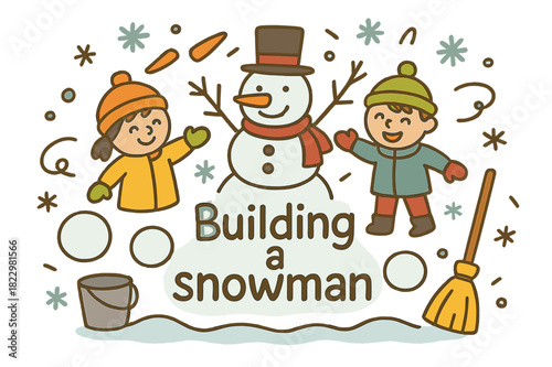 Snowman Building Fun. Building a snowman. Hand-drawn doodle illustration of building a snowman. Snowballs