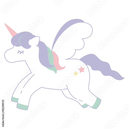 羽の生えたパステルカラーのユニコーンのイラスト