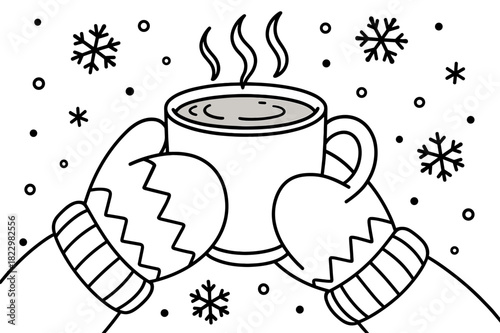 Snowy Cocoa Coloring. Snowy cocoa moment children?s coloring book illustration, outlined drawing, mittens