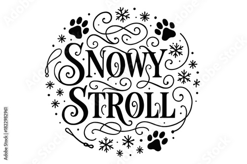 Snowy Flourish Lettering. Snowy Stroll ? Flourish Lettering with elegant curls and swashes around tall serif
