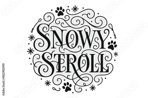 Snowy Flourish Lettering. Snowy Stroll ? Flourish Lettering with elegant curls and swashes around tall serif