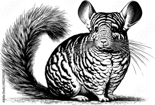 Highly Detailed Black and White Engraving Illustration of a Chinchilla for Scientific Publications, Educational Materials, Wildlife Websites