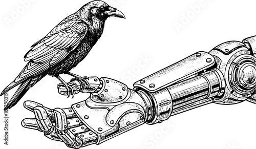 Raven Perched on a Robotic Arm, Blending Nature and Technology, Tattoo Style for Science and Technology Blogs, Gothic Websites, Dark Fantasy Art tattoo