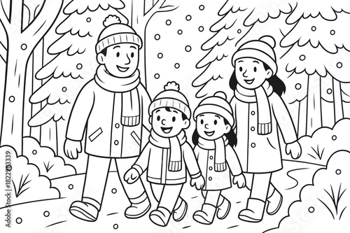 Snowy Forest Coloring Scene. Snowy forest stroll children?s coloring book illustration, outlined drawing,
